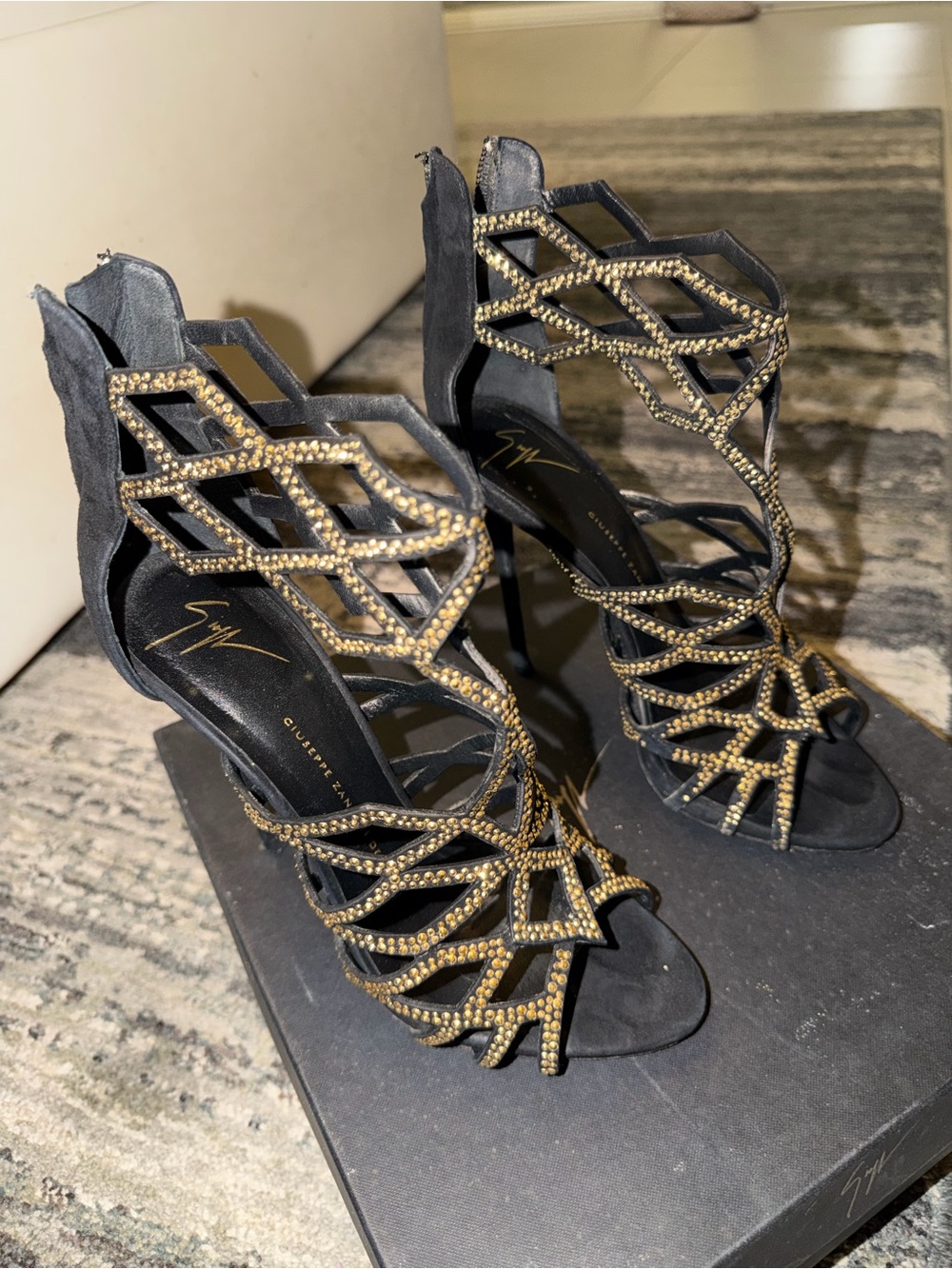 Giuseppe Zanotti Black Gold Crystal Cage High-Heel Sandals